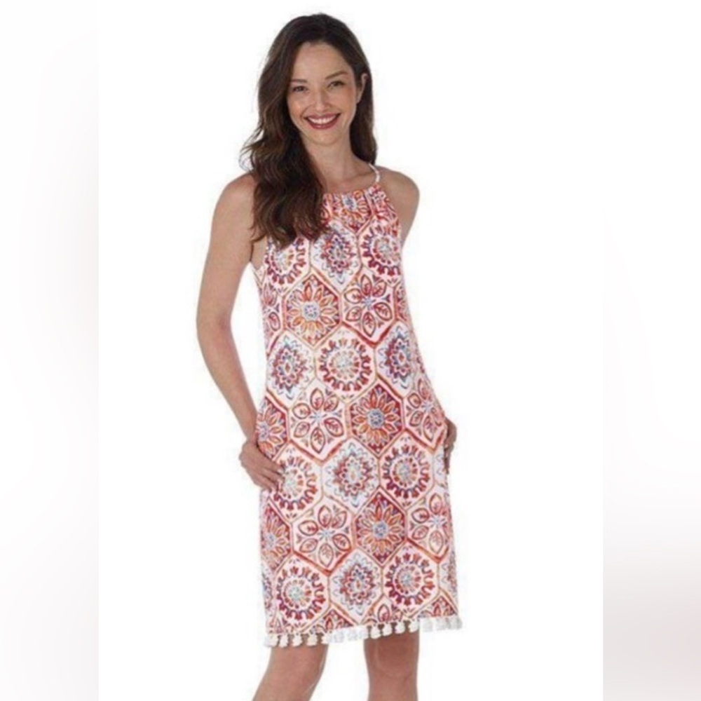 JUDE CONNALLY "Corinne" Resort Preppy Multi Floral Medallion Tassel Hem Dress S
